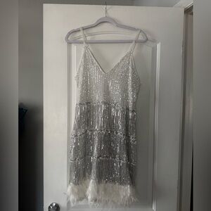 White and Silver Sequin Fringe Dress